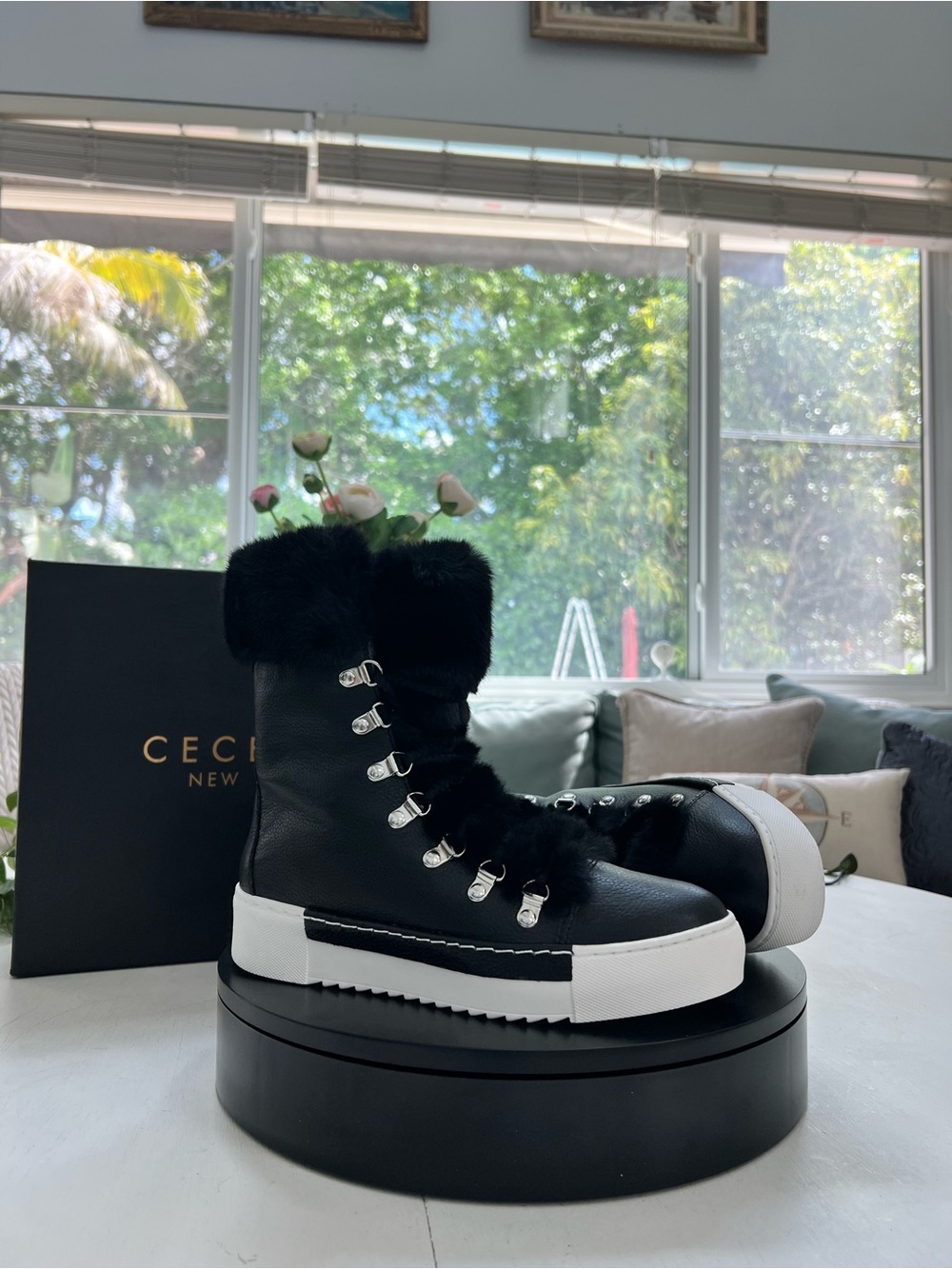 CECELIA NEW YORK Black Leather Lace-Up Fur-Trim Platform Boot